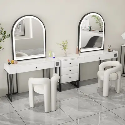 Cream-Style Studio Makeup Vanity Table with Lights - 9
