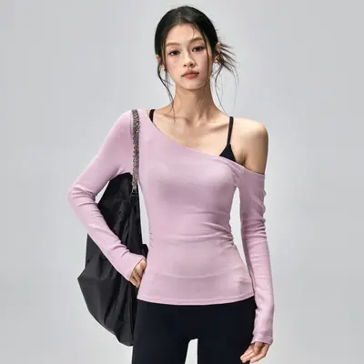 Damen-Yoga-T-Shirt, Langarm, Slim Fit, Schulterfrei
