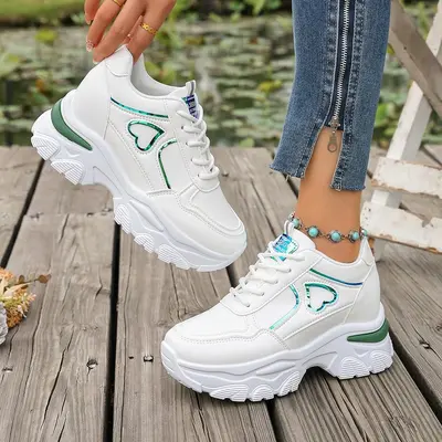 Women's Chunky Dad Sneakers with Hidden Heel, Plus Size, White