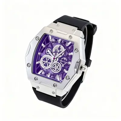 Herren Quarzuhr, Fass-Design, Silikonarmband, durchbrochenes Zifferblatt