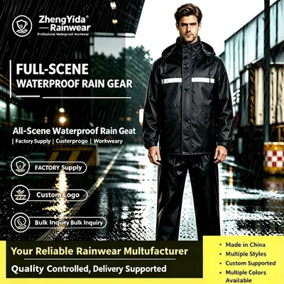 Regenmantelsatz für Grenzüberschreitung Outdoor Pendeln Baustelle Straßenreinigung Radfahren Zweiteiliger Regenmantel Raincoat-Black