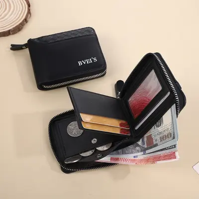 Men's Zipper Wallet with Woven Patchwork and Coin Compartment - 4