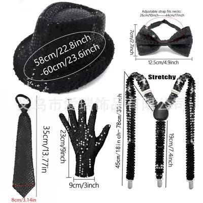 1970s Disco Party Sequin Hat, Gloves, Bow Tie and Shoulder Straps Set