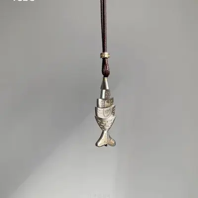 Fish pendant necklace vintage patchwork long chain - 5