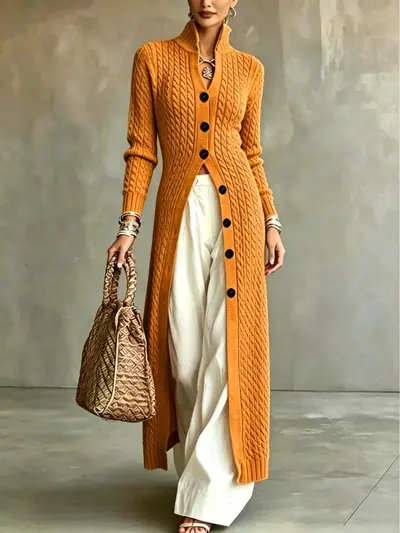 Damen-Strickjacke mit Knöpfen, lang, lässiger langer Mantel - 10