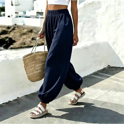 Beach Style High-Waist Pocket Comfortable Lantern Women's Long Pants