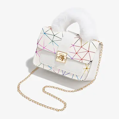 Women's Chain Handbag, Geometric Print Plush, Small Square Design - 4