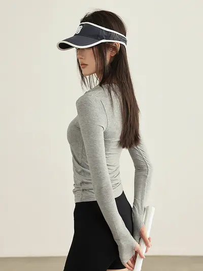 Damen Langarm-Yoga-Shirt mit Stehkragen, figurbetont, Fitnessbekleidung
