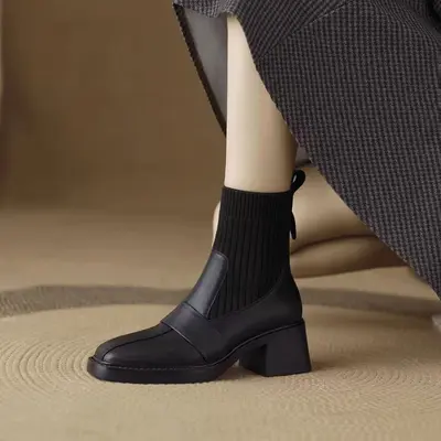 Women's Chunky Heel Knit Ankle Boots, Stretch Sock Style, Martin Boots