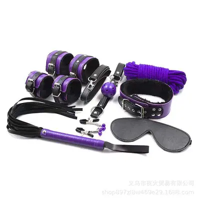 Black and Purple 8-Piece Adult Set with PU Leather Plush Handcuffs