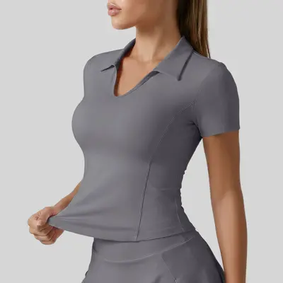 聚衣堂新款翻领运动短袖修身显瘦瑜伽服纯色T恤上衣女 - 11