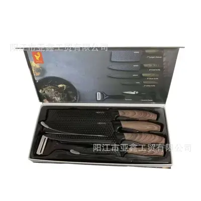 跨境刀具套装肥仔柄木纹披覆六件套厨房套刀带瓜刨彩盒装现货批发 - 9