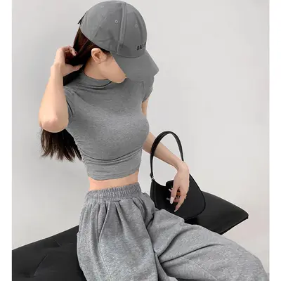 Women's Yoga Top, Half High Neck Short Sleeve, Slim Fit Pilates Shirt - 12