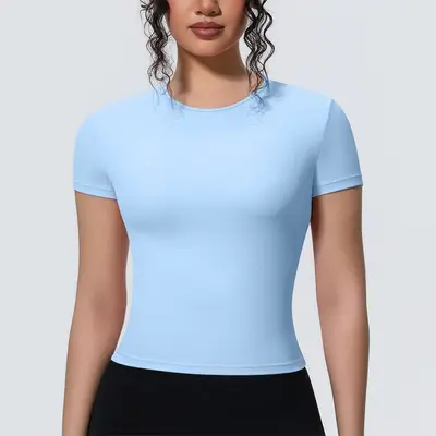 Grenzüberschreitender neuer Sports-T-Shirt mit nacktem Gefühl, Taillenraffinierung, figurbetonter Kurzarm, atmungsaktive Yoga-Trainingsober- und Lauftraining-Fitnessshirt für Damen
