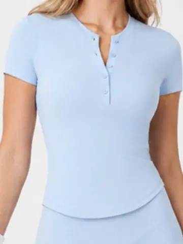 Summer Yoga Henley Shirt, Short Sleeve, Stretch Slim Fit, Running and Training - 6