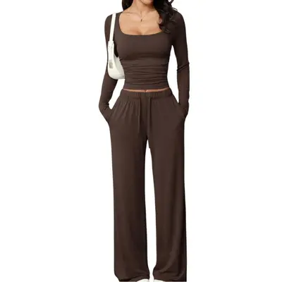 Women's Square-Neck Long-Sleeve Top and Pants Casual Set - 10