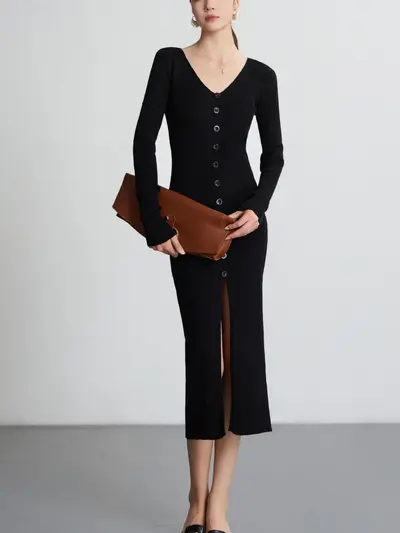 Длинное осеннее и зимнее платье с длинным рукавом, вязаное платье с V-образным вырезом, визуально стройнящее, элегантная однобортная юбка средней длины, скрывающая бедра, женская