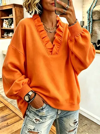 Kadın fırfırlı V yaka uzun kollu sweatshirt, sonbahar ve kış, bol kesim - 10