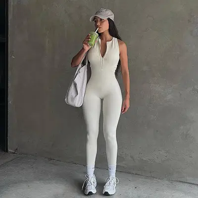 运动女装纯色瑜伽裤拉链拼接镂空露背紧身无袖连体长裤高弹显瘦