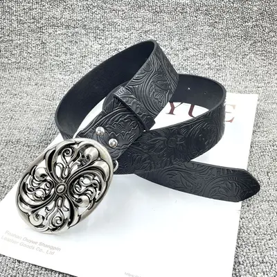 American Vintage Cross Metal Buckle Belt Unisex Kro New Design Y2K Black Embossed Leather Belt - 11