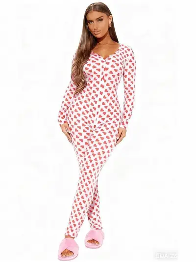 Valentine's Day Printed Jumpsuit with Open Back Button Detail, Sexy Sleepwear