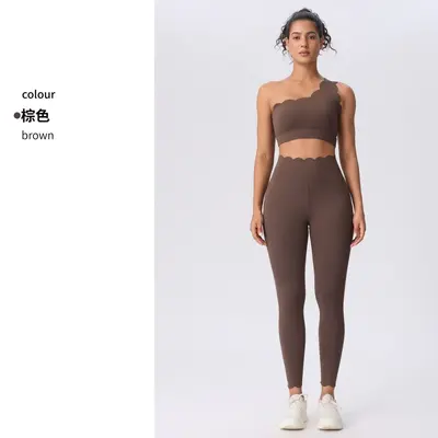Women's Two-Piece Yoga Set with Wave Ruffle One-Shoulder Bra and Cropped Pants - 11