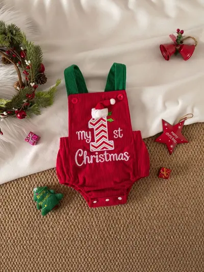 Kız Bebek Noel Temalı Fitilli Kadife Kolsuz Tulum, Nakışlı