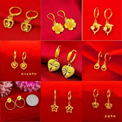 Vietnam sand gold earrings, heart and water drop design - 1