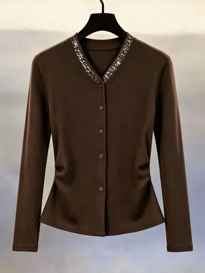 Women's V-Neck Rhinestone Cardigan, French Vintage Style Slim Top
