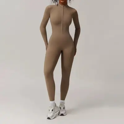 Kadın Polar Astarlı Fermuarlı Tulum Yoga Kıyafeti, Uzun Kollu Sıcak Tutan Spor Tulumu - 8