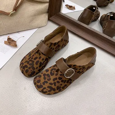 Women's Retro Mary Jane Flat Leopard Print Shoes - 9