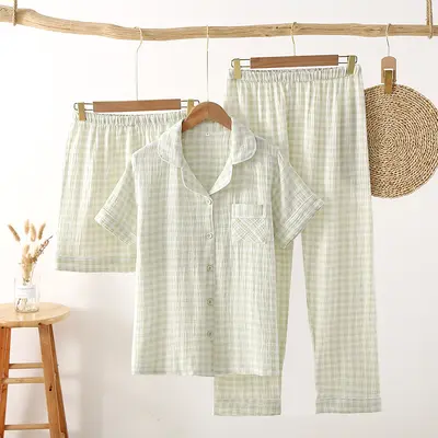 Double-Layer Pure Cotton Gauze Women's Short-Sleeve Pajama Set, 3-Piece - 8