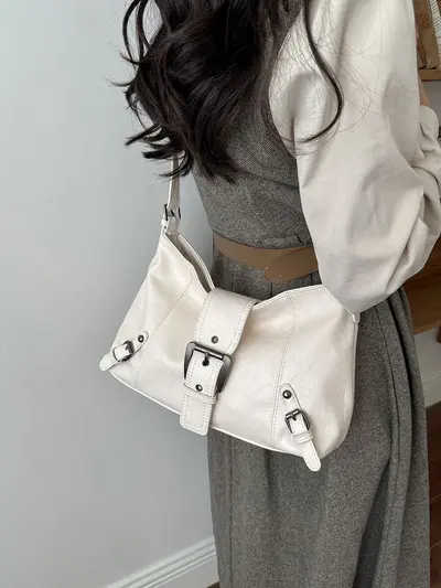 Women's Pleated Underarm Bag, Soft Leather Look, Minimalist - 4