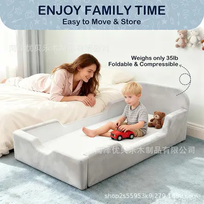 Solid Wood Baby Bed with Guardrail, Stitchable Design