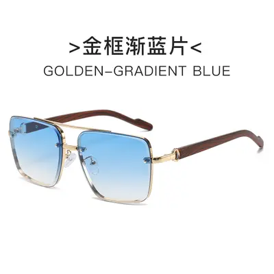 Square metal double-bridge sunglasses with wood-grain temples - 8