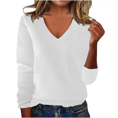 Damen-Pullover, einfarbig, V-Ausschnitt, lockere Passform, Herbst/Winter - 8