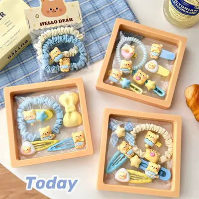 Cute pudding bear series hair accessories combination for girls, sweet broken hair bangs clip, high elastic hair rope and wholesale hair tie