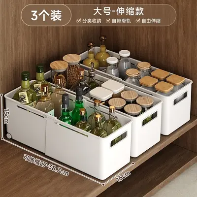 Expandable cabinet storage box with wheels, drawer dividers - 11