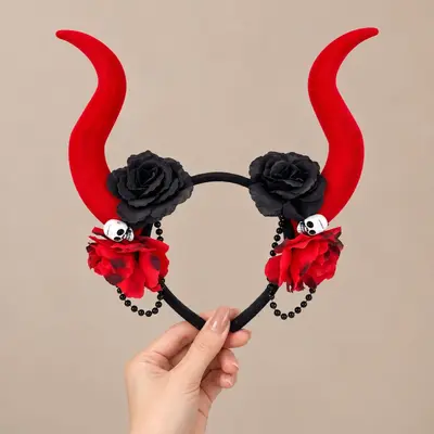 Halloween-Teufelshorn-Haarreif mit gotischem Rosen-Netzschleier - 9