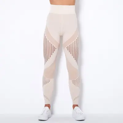 Dikişsiz örme çizgili yoga pantolonu kadın, nem emici spor taytı - 9