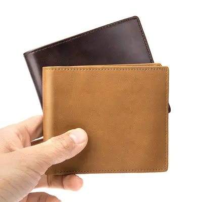 Erkek hakiki deri kısa cüzdan, RFID korumalı kartlık, 3 katlı klipsli - 3
