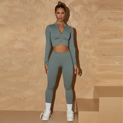 Seamless Yoga Set, High-Waist Hip-Lifting Pants, Zip Top - 9