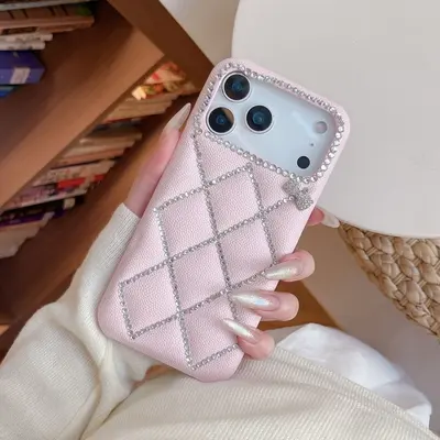 高级感皮纹网格线条钻蝴蝶结手机壳适用iPhone17ProMax防摔保护套 - 5