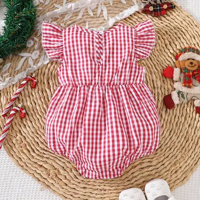 Newborn Christmas Romper with Plaid Pattern and Embroidered Bow - 3
