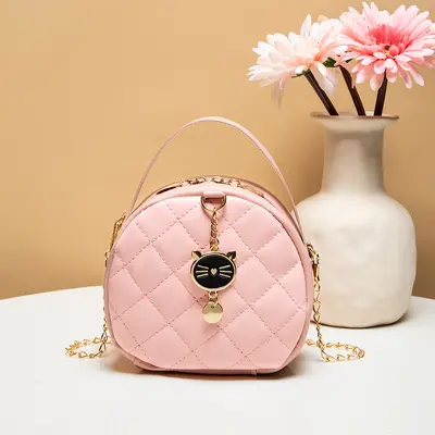 Diamond Quilted Mini Chain Women's Handbag, Small Round Bag - 9