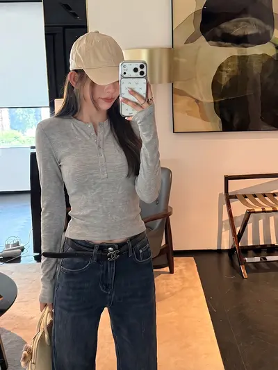 YOUYE 2026 Autumn V-Neck Long-Sleeve Slim-Fit White Women's T-Shirt