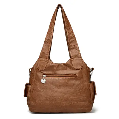Washed Leather Women's Crossbody Shoulder Bag, Contrast Color, Large Capacity
