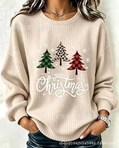 Kadın retro Noel baskılı sweatshirt, yuvarlak yaka, sonbahar ve kış - 13