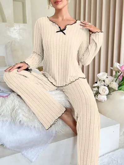 Kadın siyah kenarlı örgülü rahat ev takımı pijama takımı - 11