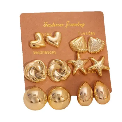 6pcs European and American Cross-border New Fashion Simple Creative Personality C-shaped Water Drop C-shaped Beaded Earrings Geometric Hollow